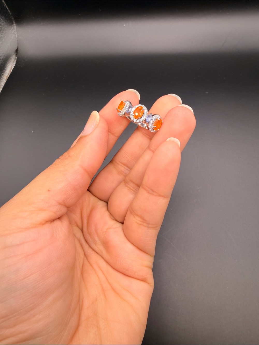 925 Sterling Silver Fire Opal Tanzanite & Moissanite Ring Size 9. - Picture 6 of 11